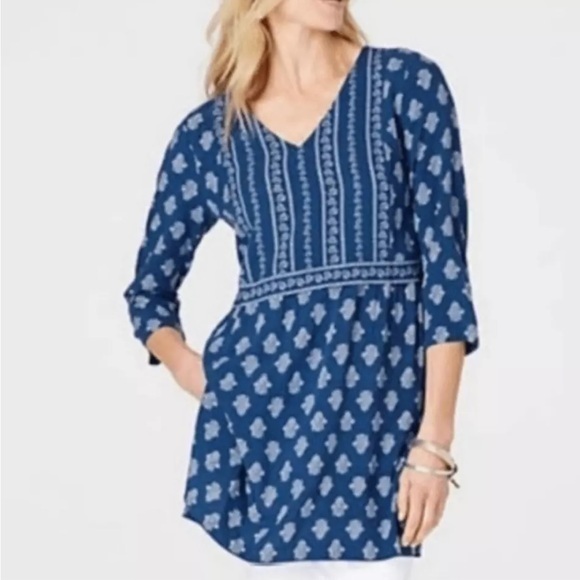 J. Jill Tops - J. Jill Seaside Woodblock Print Boho Cottagecore Tunic Size XL